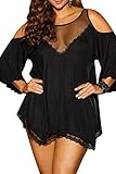 Dellytop Women Sexy Lingerie Plus Size Babydoll Nightgown Off Shoulder See Through Sleepwear Shirt Black XXX-Large