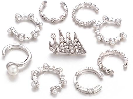 9 Sets Boho Punk Ear Jewelry Collection Crown Beads Open Piercing Layer Look Non Piercing Ear Cuff Hoop Loop Stud Post Earrings