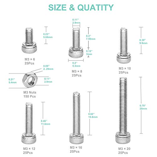 300 Pcs M3 Stainless Steel Hex Socket Head Cap Screws Nuts Assortment Kit, Allen Wrench Drive, Precise Metric Bolts and Nuts Set with Beautiful Assortment Tool Box for 3D Printed Project (Silver)