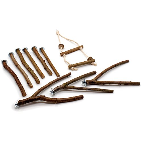 Set Di 10 Posatoi In Legno Naturale Per Uccelli + Altalena - Per Pappagalli, Calopsitte, Canarini, Diametro Variabile