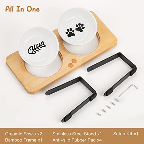 Ceramic Elevated Cat Bowls, 15° Tilted Raised Cat Food Bowls for Food and Water, Indoor Cat Dishes with Bamboo Stand Anti Vomiting for Cats and Puppy, Pet Bowl Set with Anti Slip Feet, Dishwasher Safe
