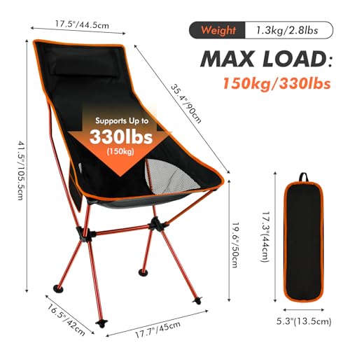 SOPPY 2 Pack Folding Camping Chair Upgraded High Back, Portable Lightweight Folding Camp Chairs with Sided Pocket & Carry Bag for Outdoor Backpacking, Hiking, Travelling, Picnic,Fishing - Orange