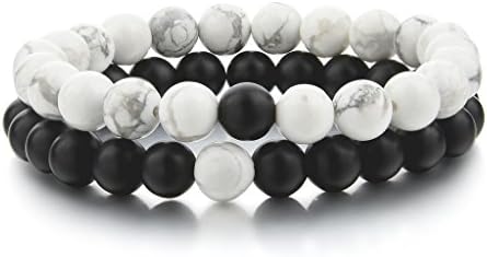 KUEN YinYang Black Matte Agate &amp; White Howlite 8mm Beads His and Hers Couple Bracelet (2pcs)