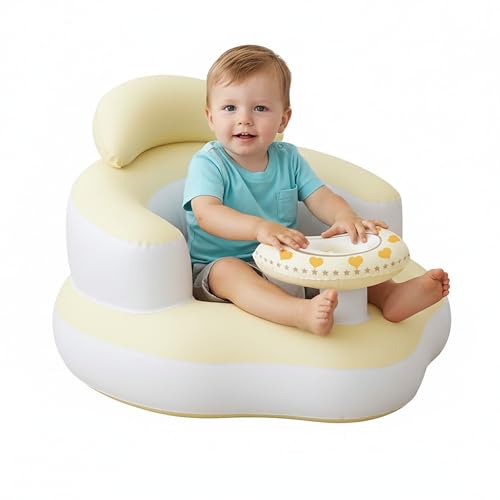 TIDNNS Inflatable Baby Seat, Built-in Air Pump Baby Chair Sit Me Up with Tray and Back Support, Learning to Sit for 3-36 Months (Yellow, Cloud)