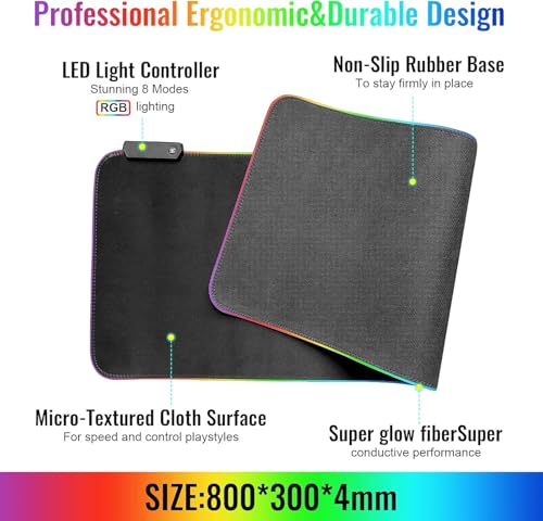 SKY-TOUCH RGB Gaming Mouse Pad, Extra Large Soft Led Extended Mouse pad, anti-slip Rubber Base Computer Keyboard Mat, Black