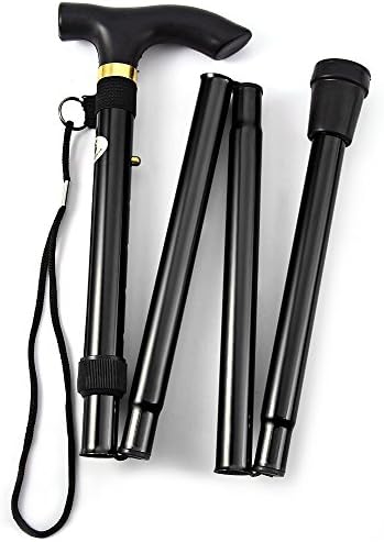 Folding Walking Stick,Adjustable Cane Aluminum Metal Collapsible Ergonomic Handle Lightweight Quick Locks Trail Poles with Non-Slip Rubber Base for Hiking Trekking Travel (Black)