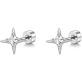 Cute 20G CZ Star Flat Screw Back Small Stud Earrings for Women Men Dainty Stainless Steel Crystal Cartilage Tiny Tragus Piercing Sleeper Studs Hypoallergenic Jewelry for Niece Daughter