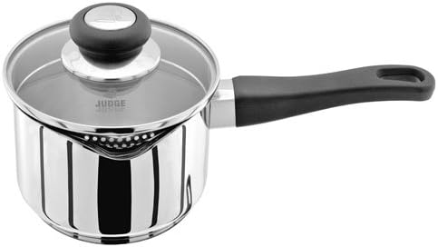 Judge Vista Draining Stainless Steel Medium Saucepan with Pouring Lip 14cm 1L, Shatterproof Glass Strain & Pour Lid