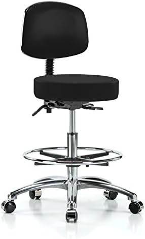 Perch Chrome Walter Rolling Doctor Stool with Footring and Adjustable Back Support for Medical Dental Salon Spa Office or Home 21" - 28.5" (Hard Floor Casters/Black Fabric)