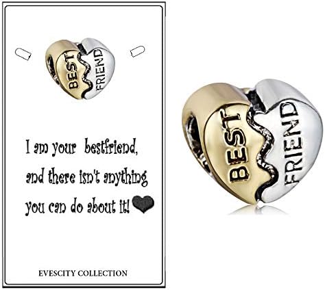 EVESCITY Best Friend Heart Silver Gold Beads for Charm Bracelets ♥ Funny Jewelry Gift for Best Friends Birthday BFFs - Customized Personalized Quote ♥