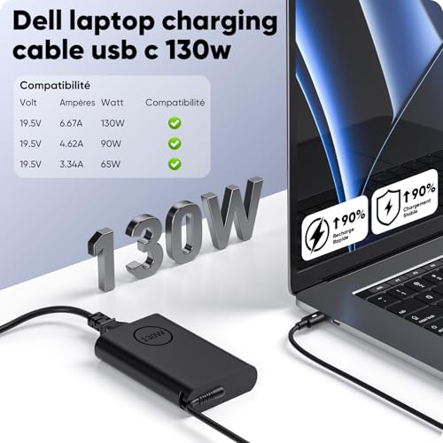 130W USB C Charger Compatible with Dell XPS 15 17 2in1 9500 9510 9520 9530 9575 9700 9710 9720 9730 Precision 5530 2in1 5550 5570 5750 3550 3551 3560 3571 5470 Latitude Type C Power Adapter