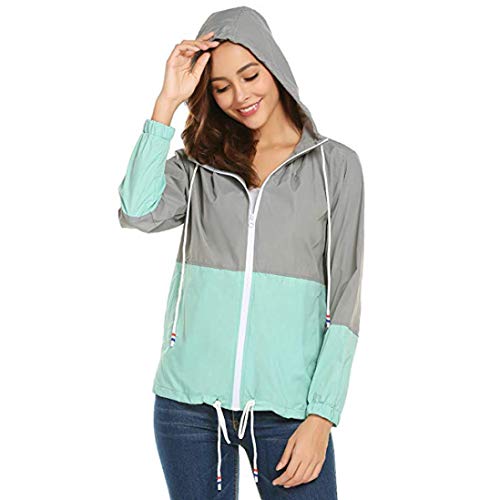 FEITONG Women Patchwork Thin Skinsuits Hooded Rain Jacket Windbreaker(M,Green)