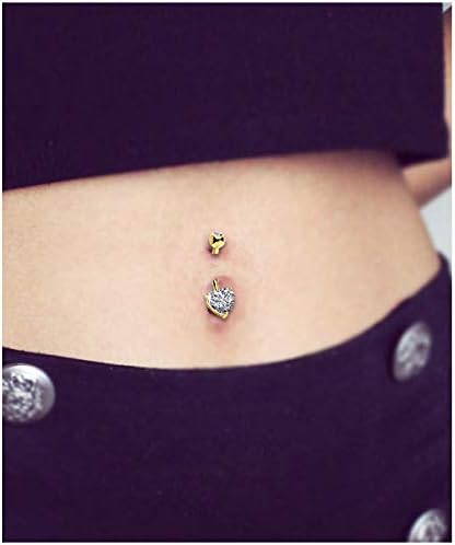 OUFER 14K Gold Heart Solitaire Cubic Zirconia Belly Button Rings Navel Bars Body Piercing Jewellery Valentine's Day Gifts in 14Gauge for Women - Image 3