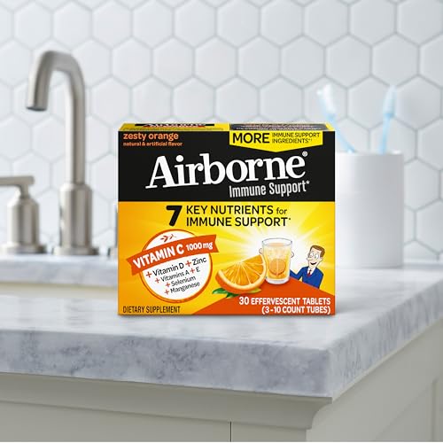 AIRBORNE 1000MG VITAMIN C WITH VITAMIN D & ZINC, SUGAR FREE MULTIVITAMIN IMMUNE SUPPORT SUPPLEMENT, ANTIOXIDANTS VITAMINS A C & VITAMIN E, 30 EFFERVESCENT TABLETS, ZESTY ORANGE FLAVOR