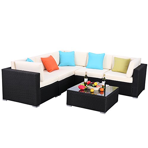 Do4U Patio Sofa 6-Piece Set Outdoor Furniture Sectional All-Weather Wicker Rattan Sofa Beige Sea ...