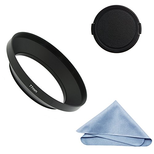SIOTI Camera Wide Angle Metal Lens Hood + Cleaning Cloth + Lens Cap for Nikon Canon Sony Fuji Pentax Sumsung Leica Standard Thread Lens (77mm)