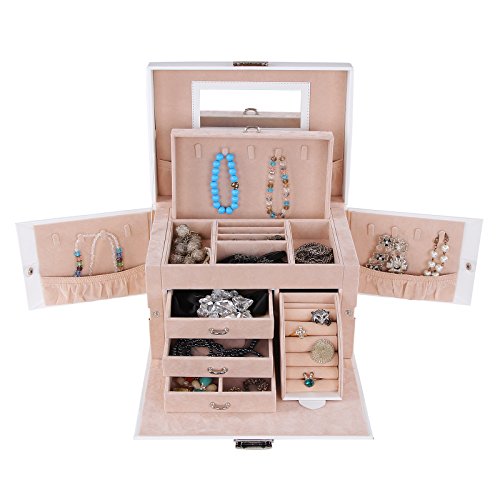 Songmics Schmuckkasten abschließbar mit Spiegel Schublade 25,5 x 18,5 x 17cm Weiss JBC07W -