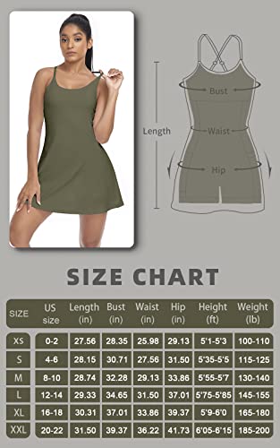 Women's Tennis Dress, Athletic Workout Sports Golf Dresses with Built-in Bra & Shorts Exercise Dresses for Women Military Green