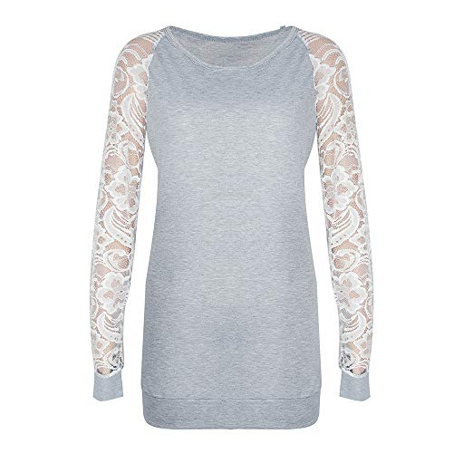 Orangeskycn Fashion Womens Casual Lace Long Sleeve Pullover Crop O-Neck T-Shirt Blouse Tops (Gray, M) - Thumbnail 3
