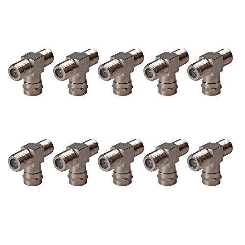HTTX F-type Male to 2 Female RF Adapter Splitter Connector T-shape for Video VCR Cable TV Antenna (10 Pack)