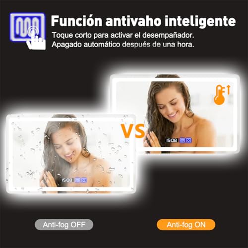 Espejo para Baño con luz LED,Espejo de 40x60cm,para tocador(Square 40*60cm) | Iluminación ajustable de 3 colores, eliminación de niebla, visualización de temperatura de tiempo.