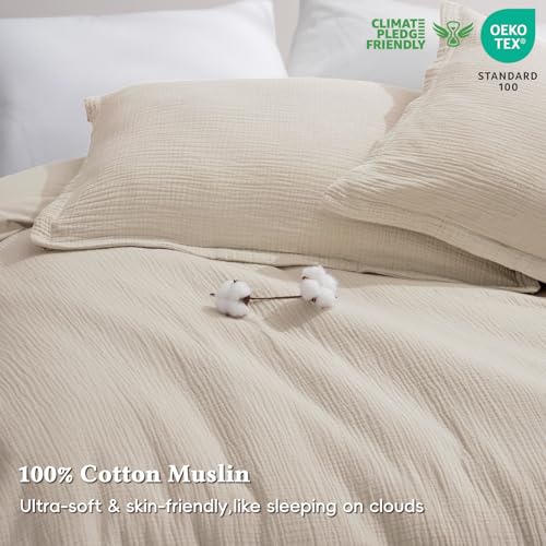 David's Home Cotton Muslin Comforter Set Queen Size, 100% Cotton Cover Ultra-Soft Breathable Lightweight Skin-Friendly for Spring Summer, 3PCS Linen Like Gauze Bedding with Polyester Filling, Natural