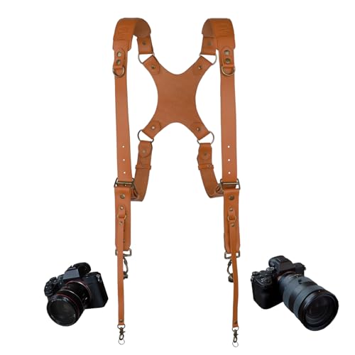 4J LEDR Photo Camera Strap, Professional Photographic Camera Strap for Photographic Camera, Camera Shoulder Strap, Leather Camera Strap, Multiple Camera Equipment for Dslr/Slr Strap | Arnés doble de cuero de grano completo para dos cámaras, bandolera doble ajustable con patrón en X para DSLR/SLR
