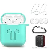 AirPods Case 7 in 1 Airpods Accessories Kits Protective Silicone Cover and Skin for Apple Airpods Charging Case with Airpods Ear Hook Airpods Staps/Airpods Clips/Skin/Tips/Keychain Green by Amasing