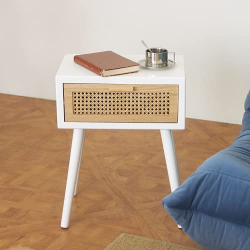AWASEN White Nightstand with Drawer, Rattan Side Table for Bedroom