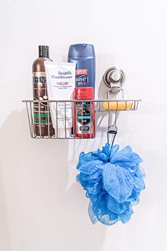 BlueHills Super Strong Premium Rust Proof Stainless-Steel Metal Suction Cup for Bathroom Kitchen Large Caddy, Soap Shampoo Makeup Spice Suction Cup Kitchen Caddy Organizer with Hooks, C002