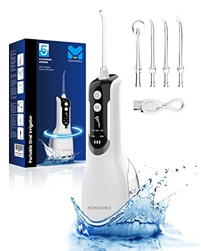 MonaSmile 350ML Cordless Water Flosser Pick, 5 Modes, 4 Nozzles, IPX7 Waterproof, Battery Indicator, Portable Oral Irrigator for Teeth Deep Cleaning, Home Travel Use (White)