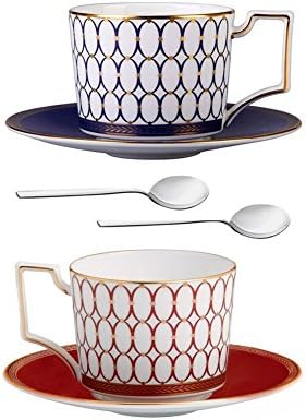 NDHT Bone China Teacups/Coffee Cups & Saucers Sets with Spoons- for Home, Restaurants, Display & Holiday Gift for Family or Friends,Red and Blue,with gift box(2 Sets)