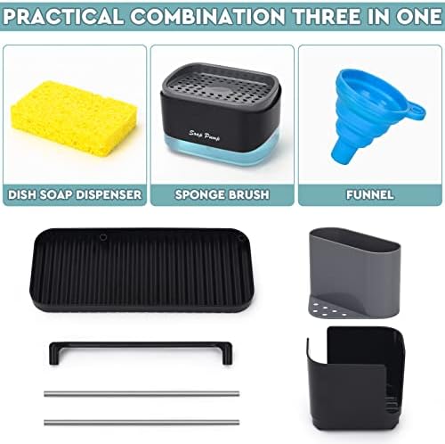 Conjunto de dispensadores de sabão de cozinha com tabuleiro e suporte para esponjas, organizador de lava-loiça com pano de cozinha e suporte para escovas da loiça, para armazenamento na bancada,