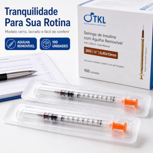 Seringa para Insulina 1ml com Agulha 13x0,45mm 26G, 100 Unidades
