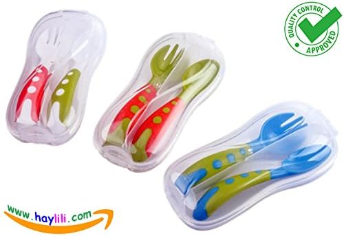 BABY FORK and SPOON SET with BONUS THREE TRAVEL CASES | Prefect Size Self Feeding Spoon Set | Travel Safe Fork and Spoon Set | Baby and Toddler Training Utensils | BPA Free Healthy Fork and Spoon Set