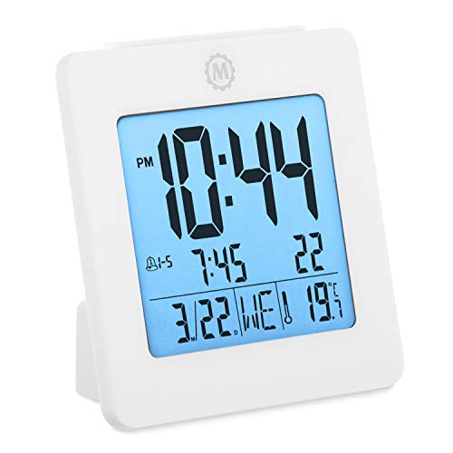 Marathon CL030050WH Digital Dual Alarm Clock with Day, Date, Temperature and Backlight. Color-White. Batteries Included. Latest Edition