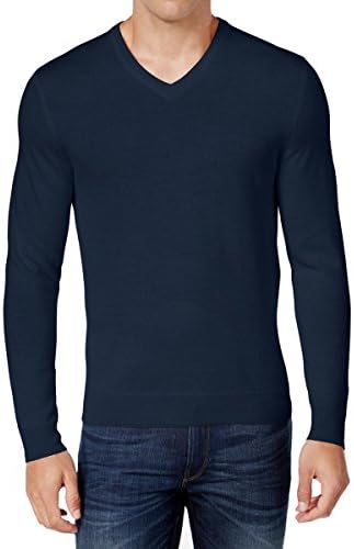 Mens Wool Blend V-Neck Pullover Sweater Navy L