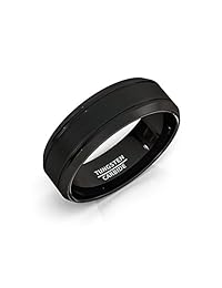 Duke Collections Mens Wedding Band 8mm Black Tungsten Ring Wire Brushed Beveled Edge Comfort Fit