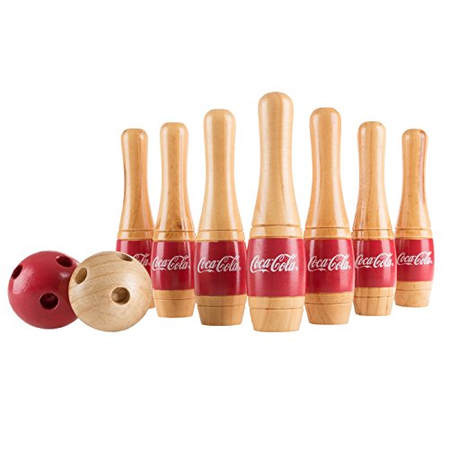 Officially Licensed Coca Cola Logo Wooden Lawn Bowling Set with Ten 8 Inch Pins and 2 Balls - Includes Bonus Carrying Bag!