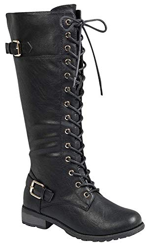 Forever Link Women's Strappy Lace-Up Knee High Combat Stacked Heel Boot - Image 3