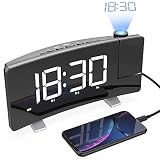 LightBiz Projection Alarm Clock, 7" Large LED Curved-Screen Projection Clock, FM Radio Alarm Clock, Dual Alarm Clock with 2 Alarm Sounds,12/24 Hour, White
