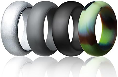 Silicone Wedding Ring Band for Men-4 Pack-Safe Flexible Comfortable Medical Grade Love Rings- Fit for Sports, Outdoor(Silver, Grey, Black, Camo 11)