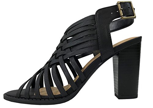 City Classified Open Toe Perforated Lace up Elastic Side Stacked Chunky Heel Sandal, Black, 7