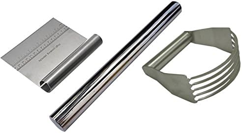 Pastry Blade Hand Dough Blender + Stainless Steel Commercial Metal French Rolling Pin + Kitchen Food Scraper | Use Tool as a Cutter Roller Scraper Chopper Smoother | Great for Baking Cake Bread Pizza