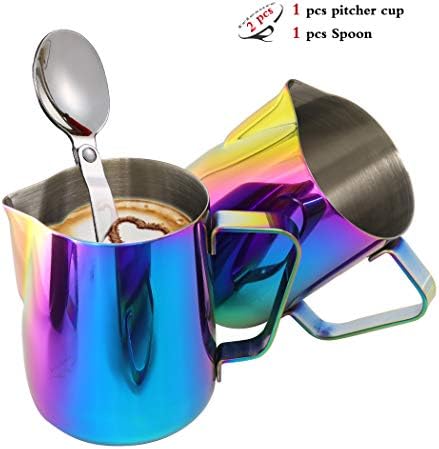 1PCS Milk Pitcher + 1PCS Foldable Spoon, Stainless Steel Milk Cup and Spoon, Good Grip Frothing Pitcher, Coffee Pitcher, Espresso Machines, Milk Frother & Latte Art (600ML) - Rainbow Color