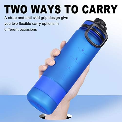 Blue water bottle with a spout lid, day marker on the side, priced at $9.99.