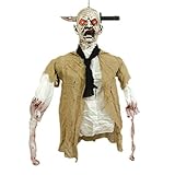 Halloween Haunters Animated Hanging Zombie Reaper That Shakes & Speaks Prop Decoration - Knife Through Skull, Evil Red LED Eyes - Battery Operated - Haunted House, Graveyard, Entryway Party Display