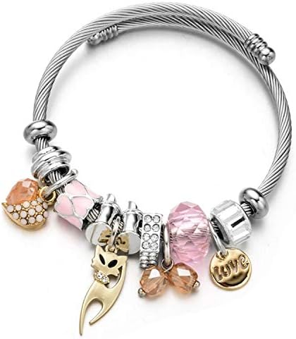 DEER HOUSE Exquisite Love Heart Charms Stainless Steel Bracelets Bangles Crystal Ball Animal Pendant Adjustable Bracelet Jewelry for Women