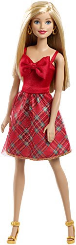 Barbie Holiday Surprise Dress Doll with Plaid Skirt and Red Bow - 11.5 Inches Tall