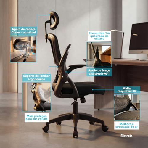 Cadeira de Escritório Astrella Nova Preta Ergonômica com Apoio de Cabeça e Braços 2D Articulados